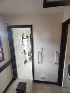 A doorway into a bathroom
