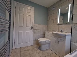 A beautiful bathroom with grey tiles, blue walls and white fittings